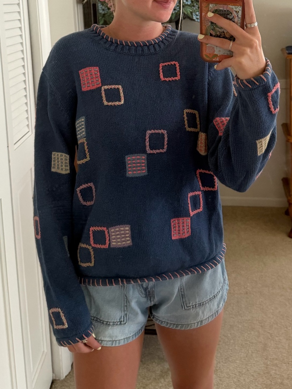 VINTAGE Navy Knit Sweater with Pink and Cream Square Motifs